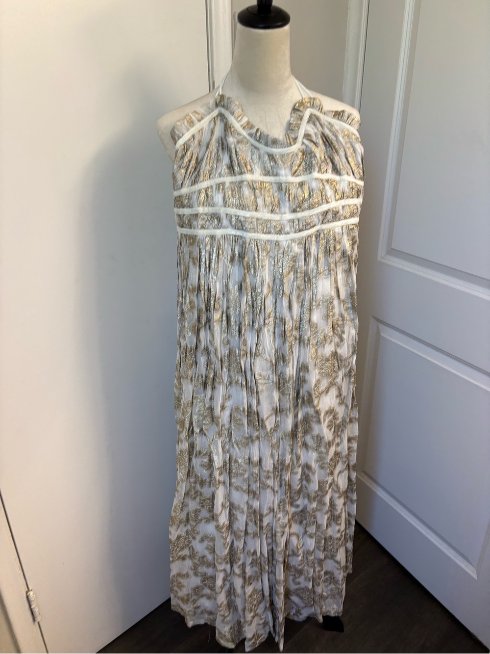 Free People White and Gold Botanical Halter Maxi Dress